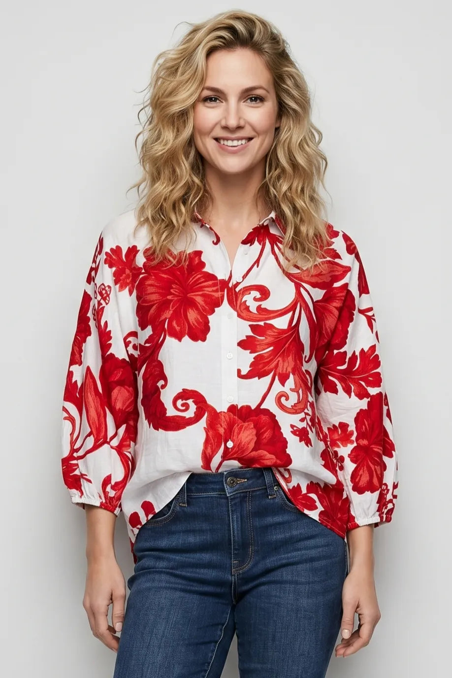 Red Floral Button Down Sleeve Top