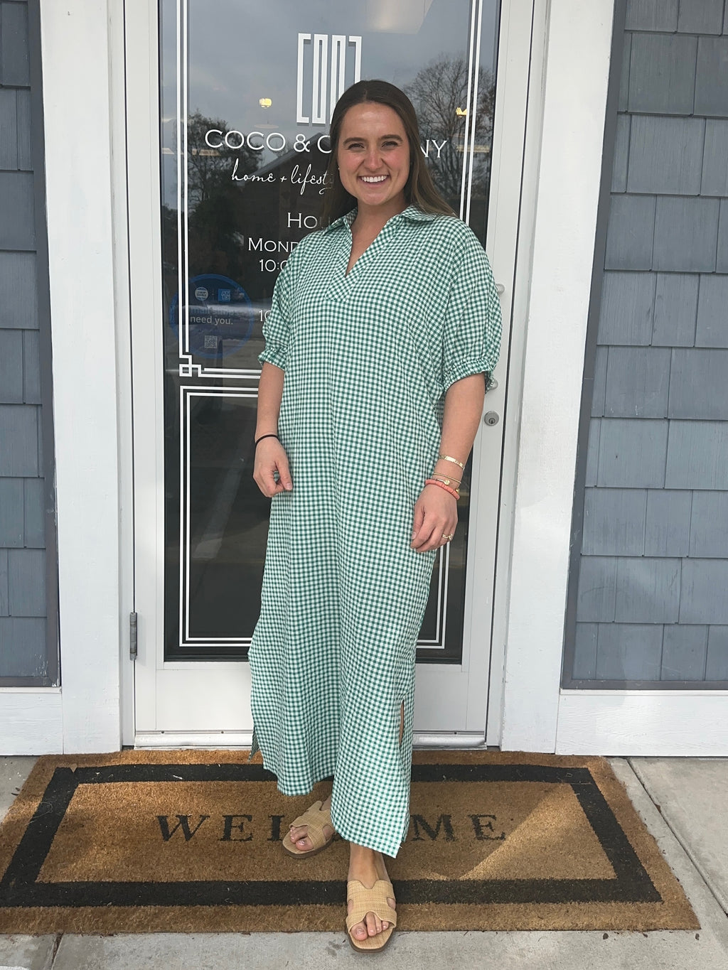 Green Gingham Check Midi Dress