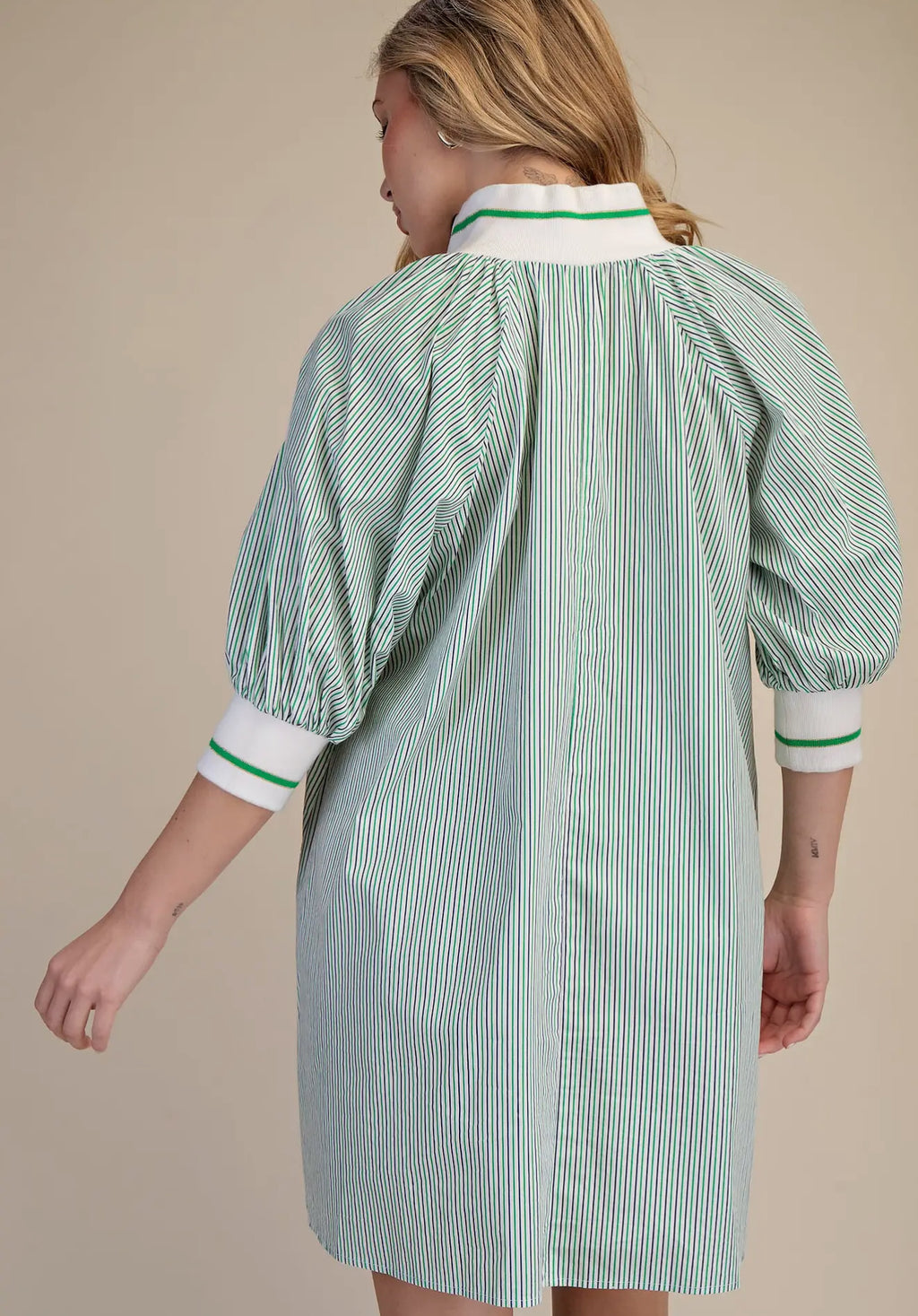 Green & White Mock Neck Banded Puff Sleeve Mini Dress