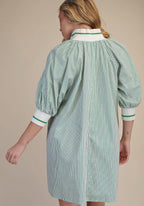 Green & White Mock Neck Banded Puff Sleeve Mini Dress