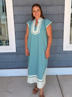 Dusty Mint Linen V-neck Midi Dress