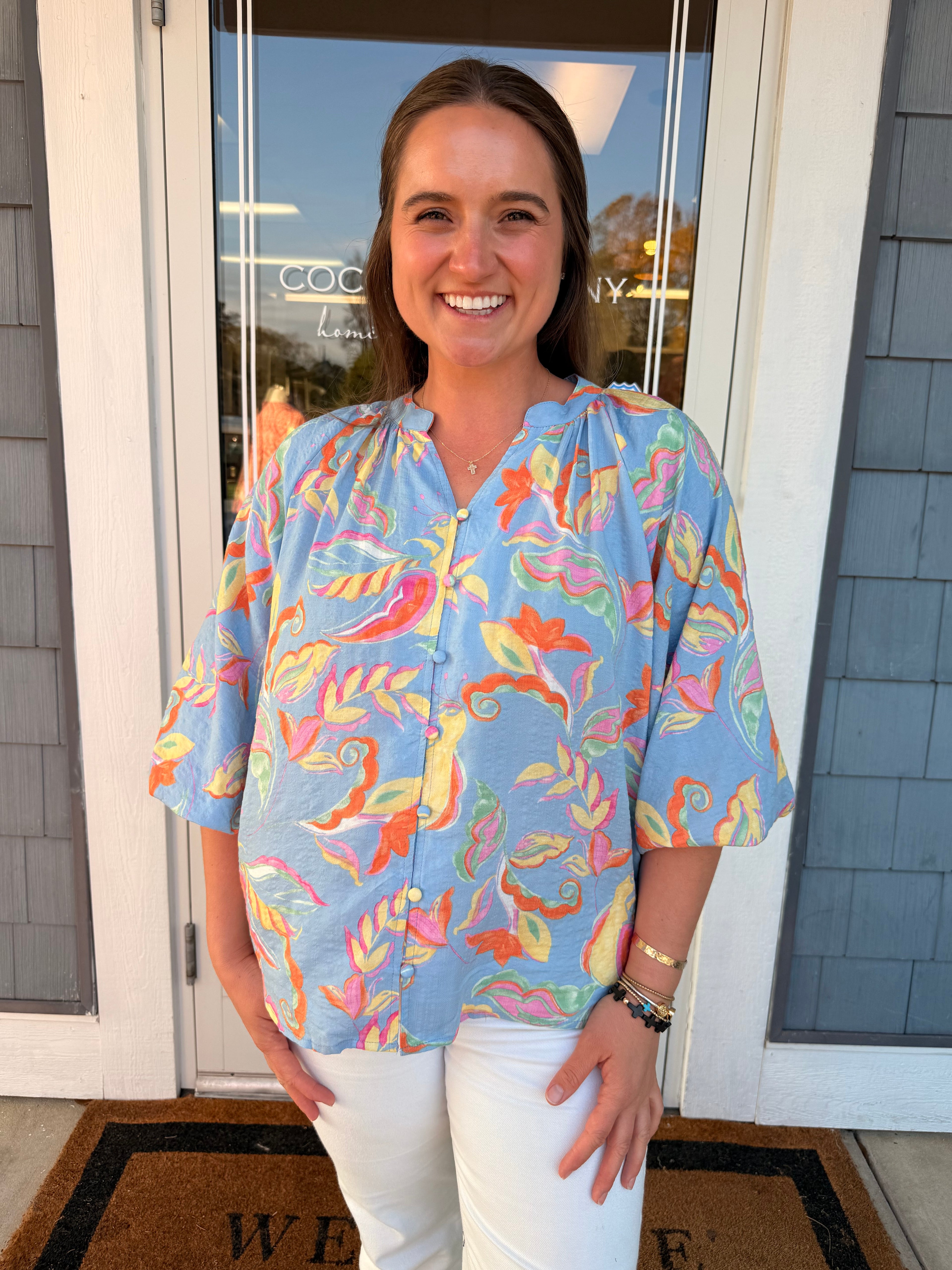 Powder Blue Floral Button Blouse