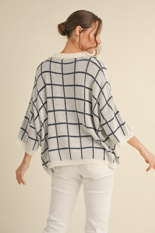 Navy & Ivory Windowpane Check Knit Top- Available for shipping or pickup at COCO 9/5/25