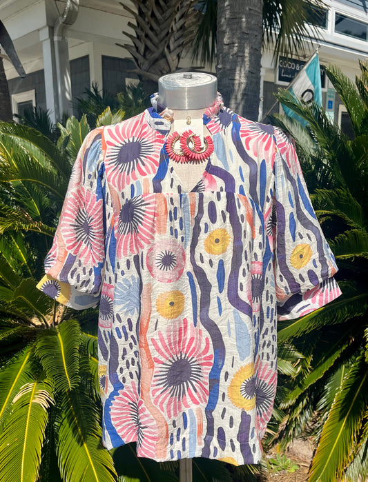 Navy & Pink Abstract Print Blouse
