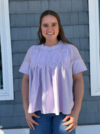 Lace Appliqué Mixed Media SS Lavender Top