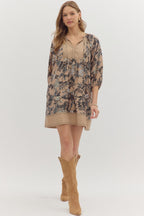 Taupe Botanical Print Contrast Dress SHIPS OR PICKUP 10/10/25