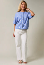 Blue Polka Dot Short Sleeve Crew Neck Knit Cardigan