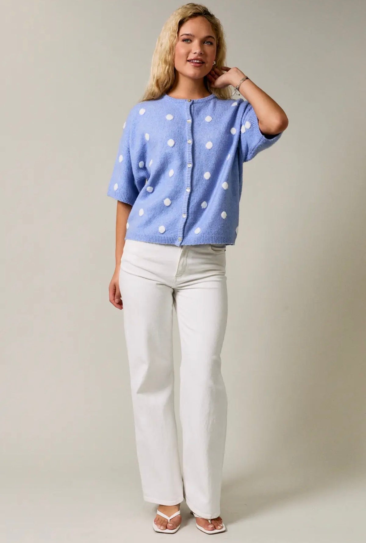 Blue Polka Dot Short Sleeve Crew Neck Knit Cardigan
