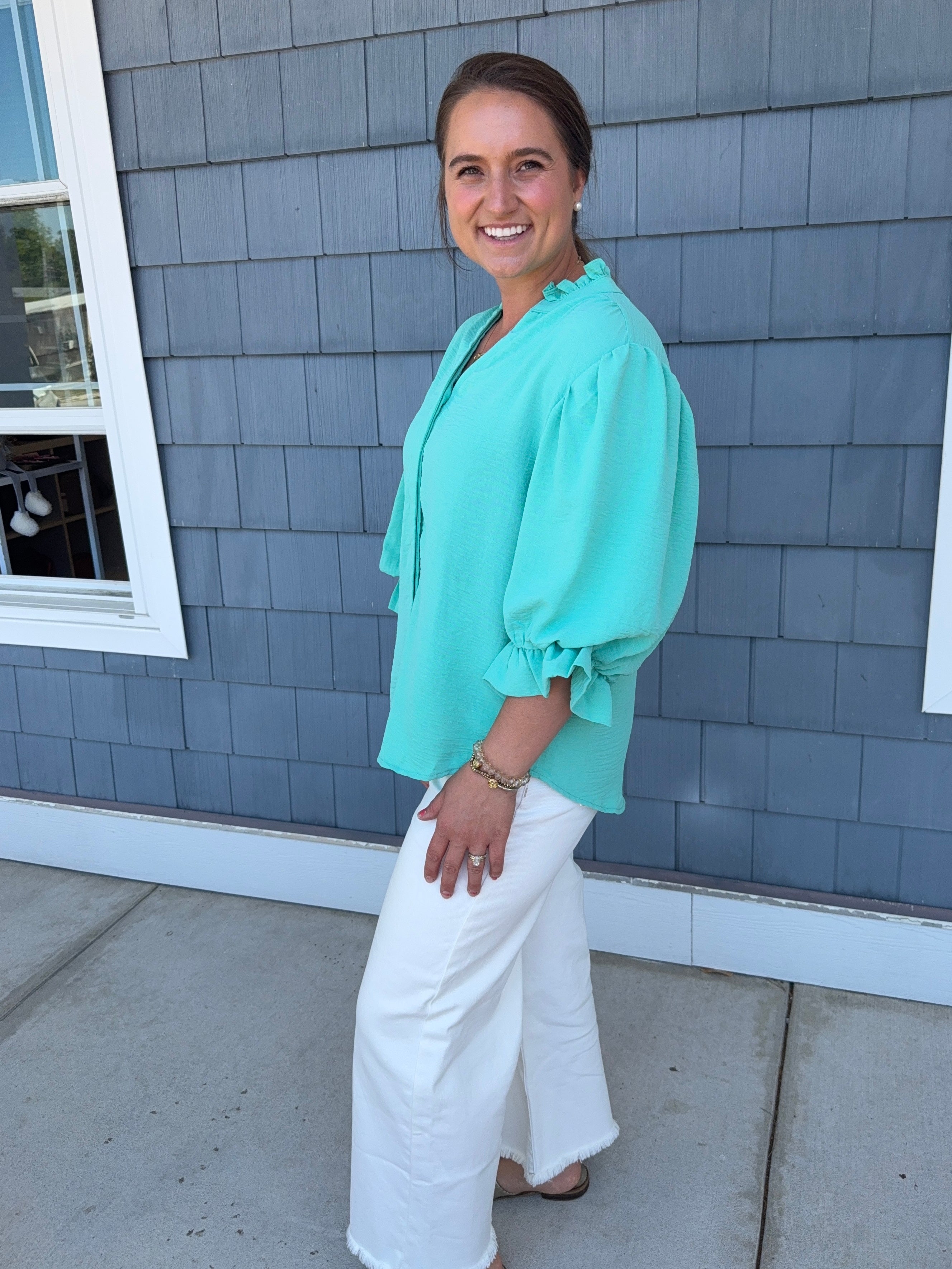 Emerald Balloon Sleeve Blouse
