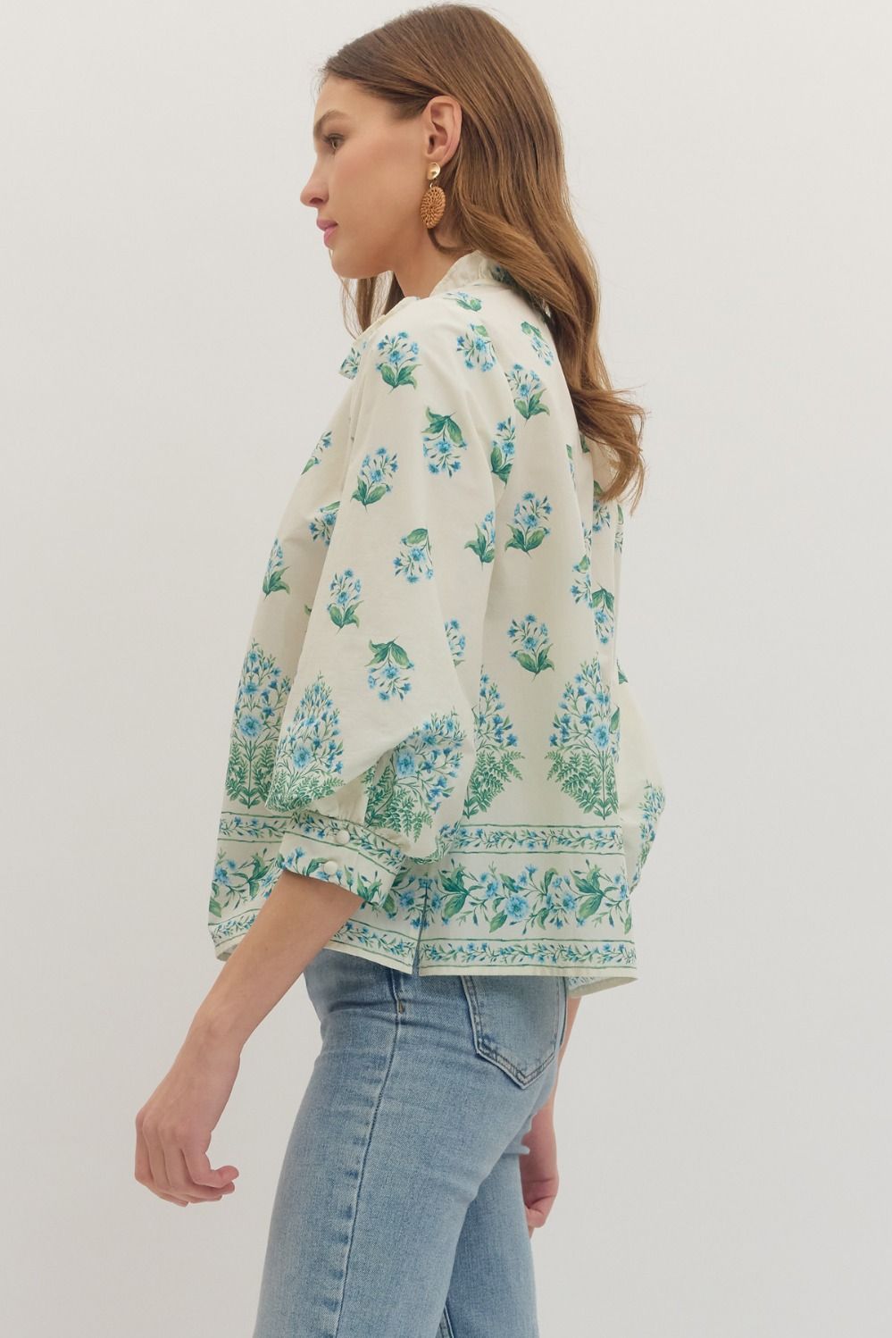Botanical Blue Balloon Sleeve Top