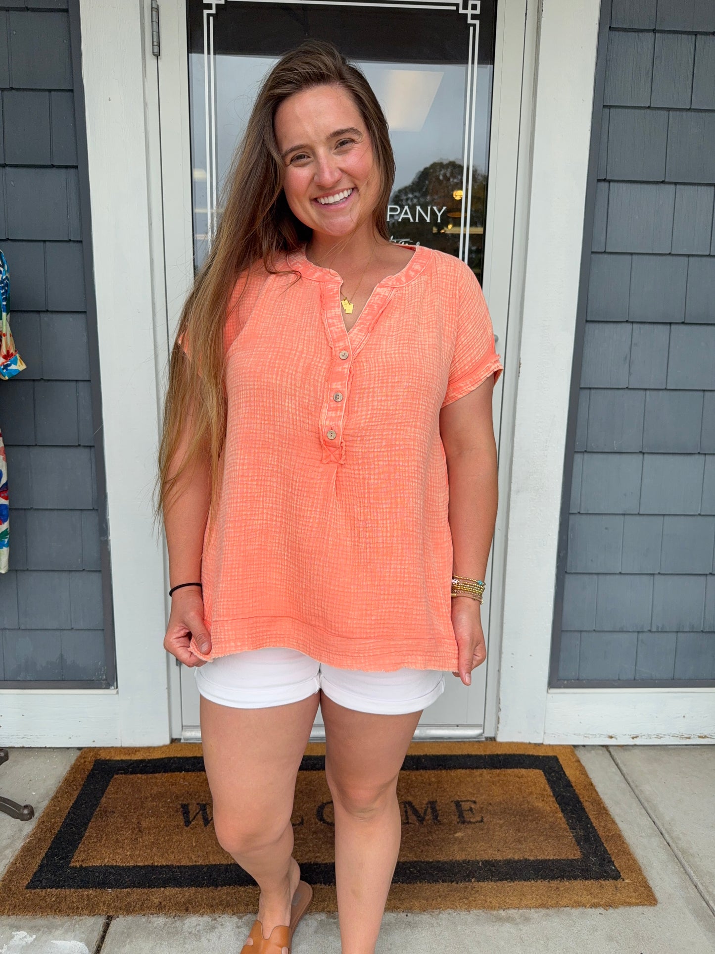 Coral Washed Double Gauze 3/4 Henley Button Top