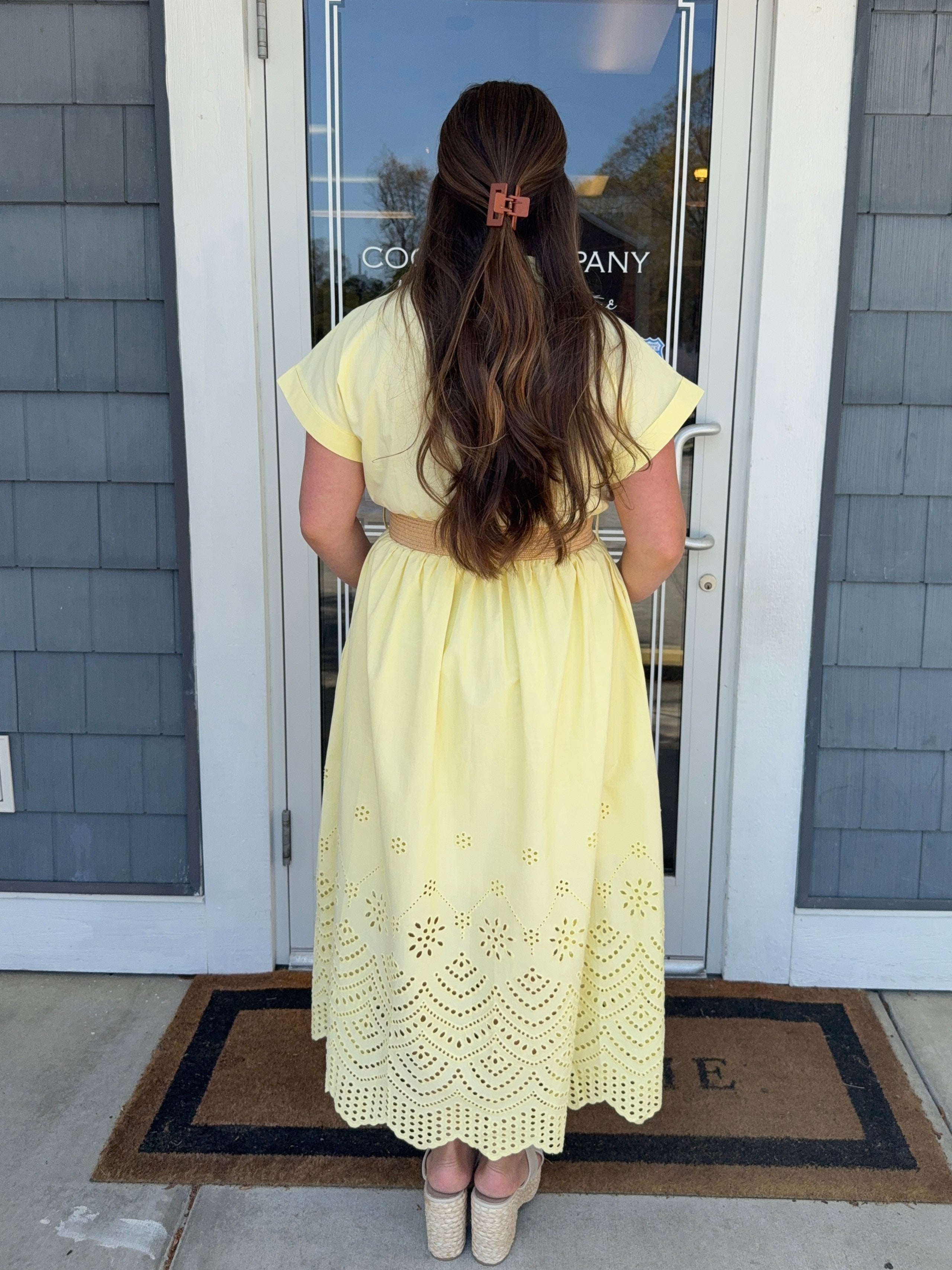 Lemon Eyelet Midi Dress Scallop Trim
