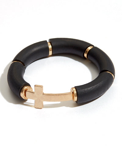 Black Wood Beaded Cross Necklace