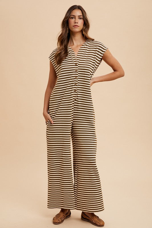 Mocha Stripe Knit Wide Leg Button Down Jumpsuit