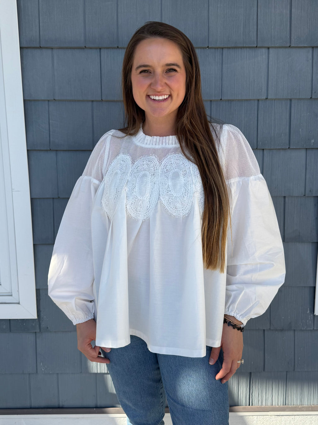 Lace Appliqué Mixed Media LS Blouse White