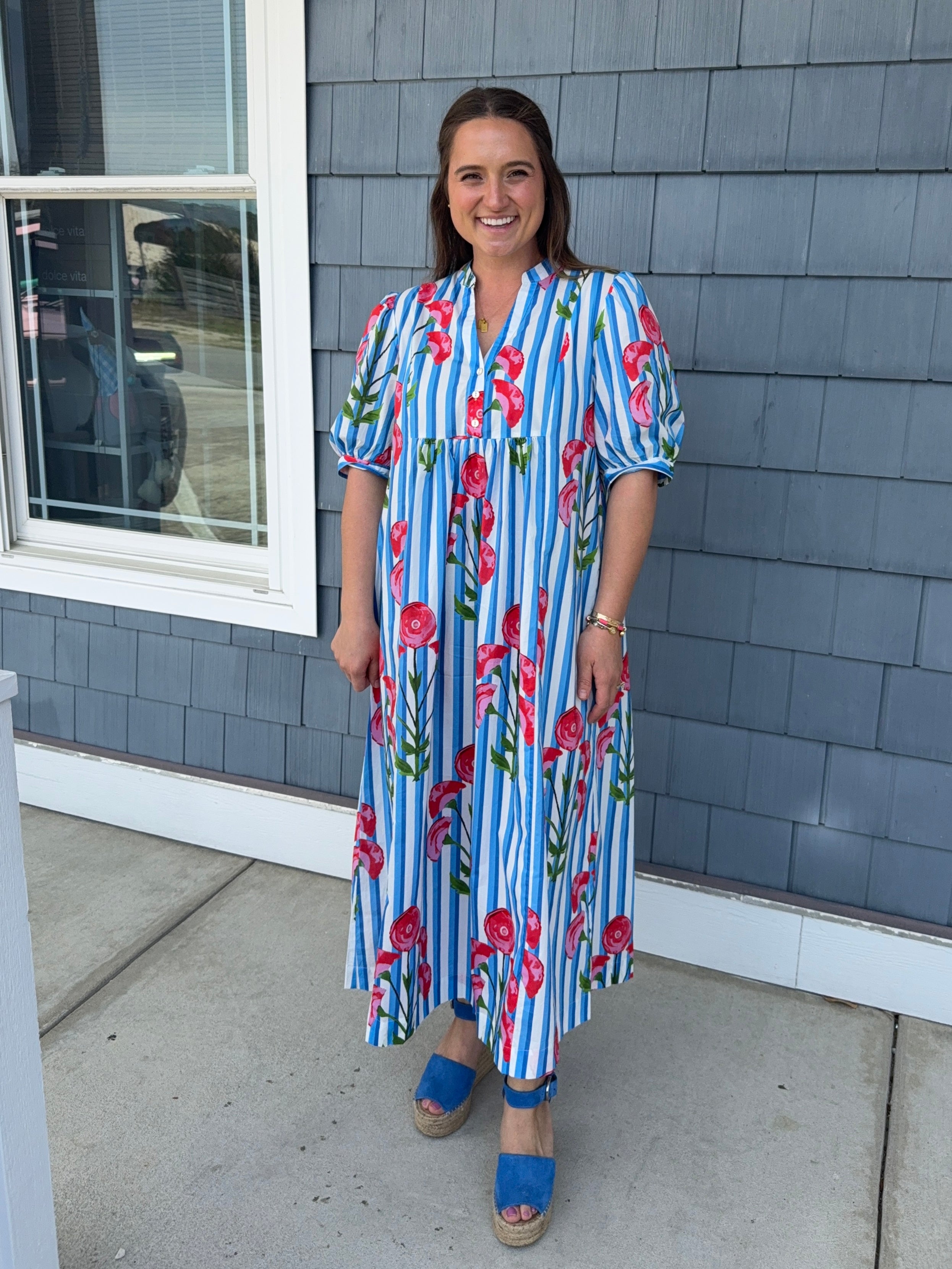 Blue Stripe Floral Midi Dress