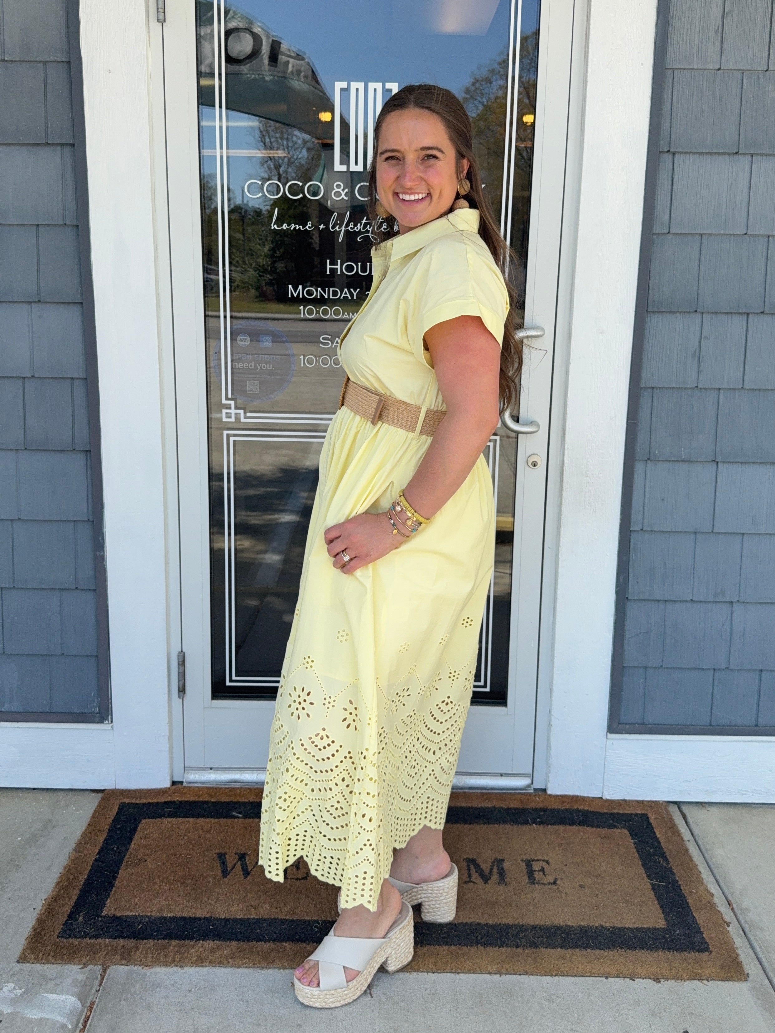 Lemon Eyelet Midi Dress Scallop Trim