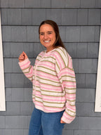 Pink & Green Stripe Button Up Sweater