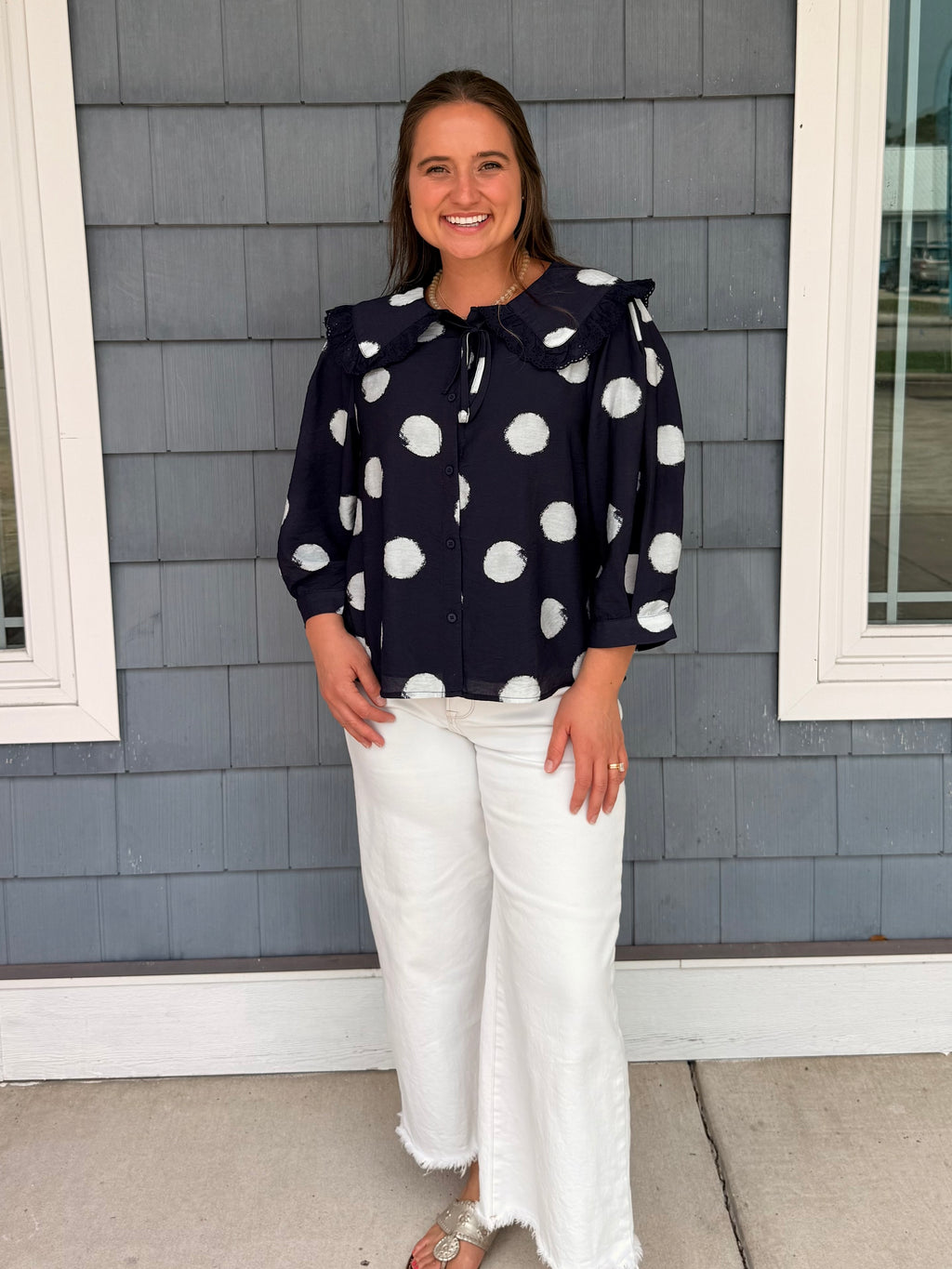 Navy Collared Polka Dot Top
