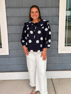 Navy Collared Polka Dot Top