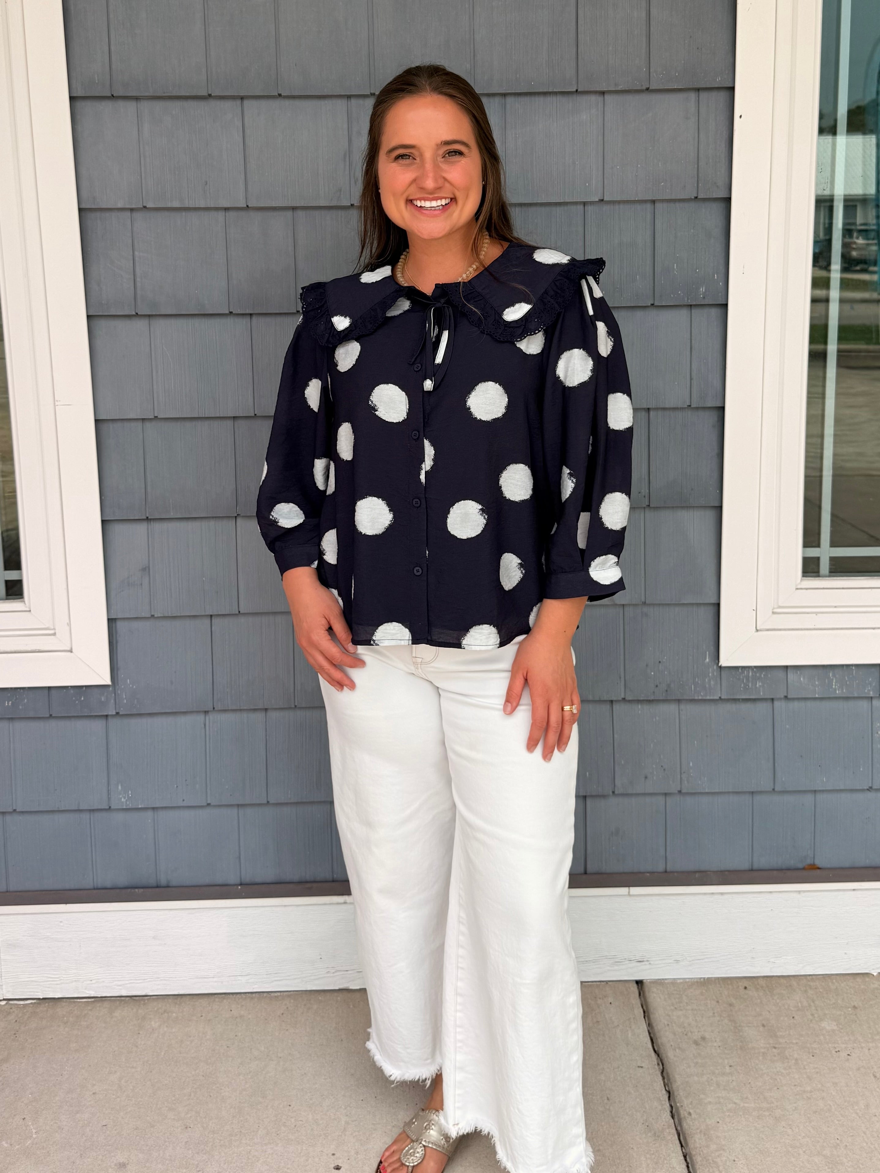 Navy Collared Polka Dot Top