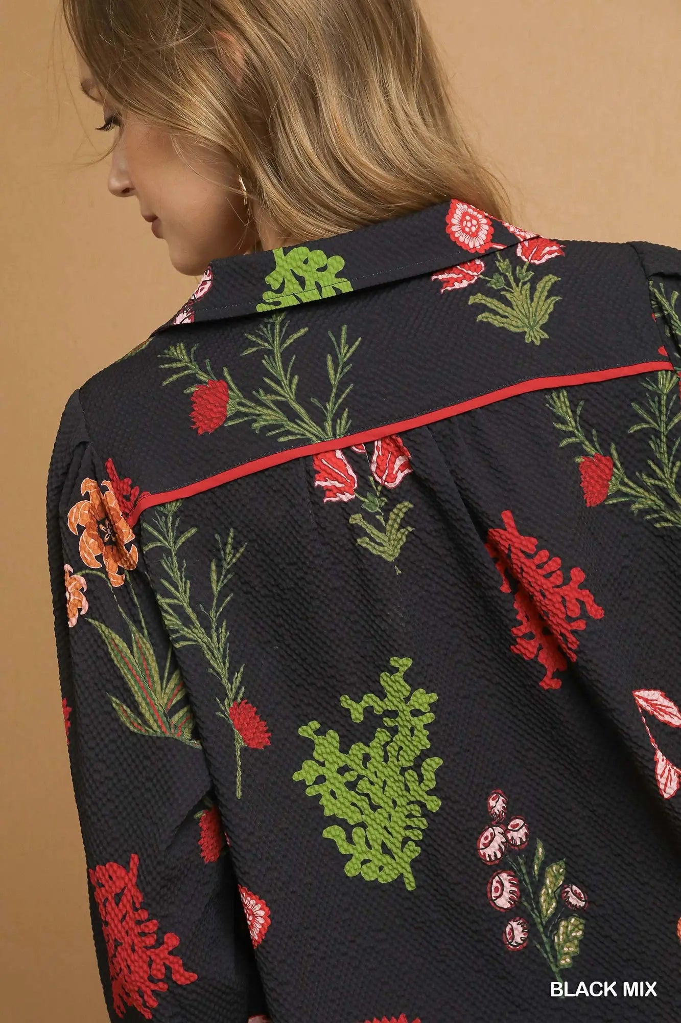 Black Floral Print Textured Fabric Collared Top