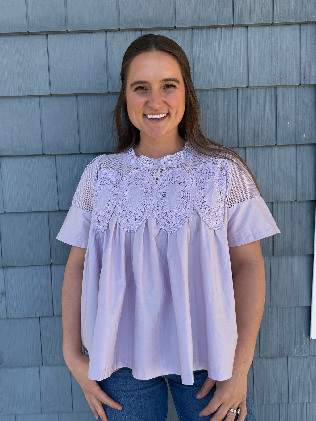Lace Appliqué Mixed Media SS Lavender Top