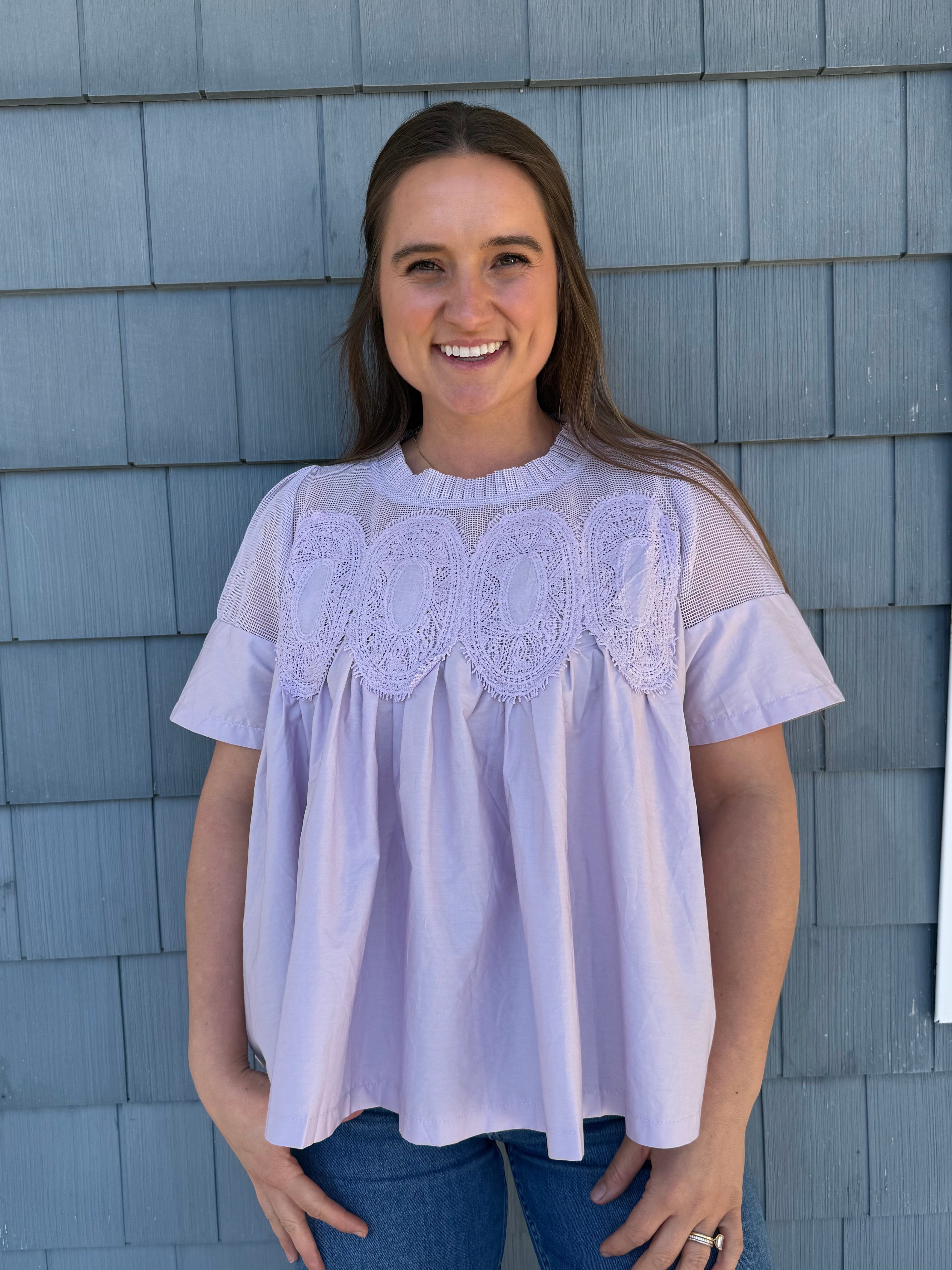 Lace Appliqué Mixed Media SS Lavender Top