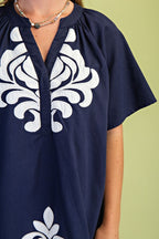 Navy Linen V-Neck Dress