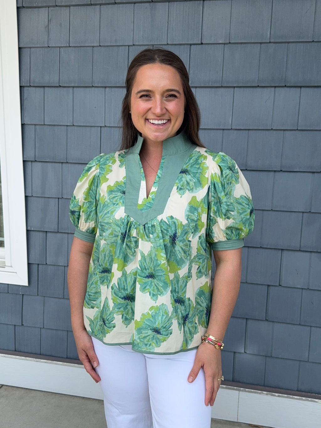 Green Floral Contrast Trim Blouse
