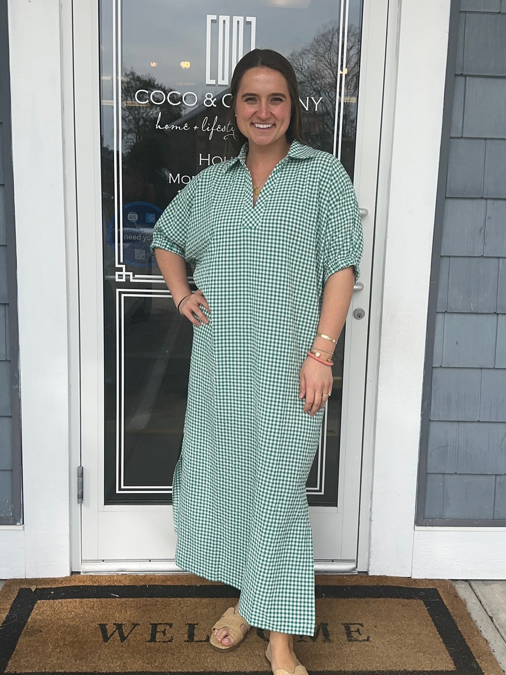 Green Gingham Check Midi Dress