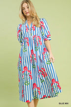 Blue Stripe Floral Midi Dress