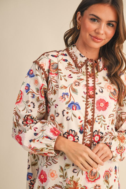 Floral Blanket Stitched Buttoned Dress