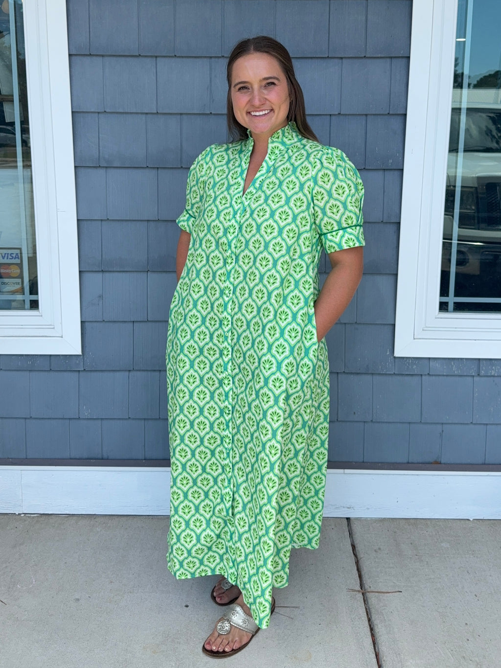 Green Printed Button Down Midi Dress