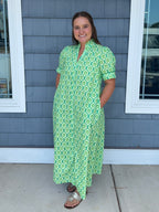 Green Printed Button Down Midi Dress