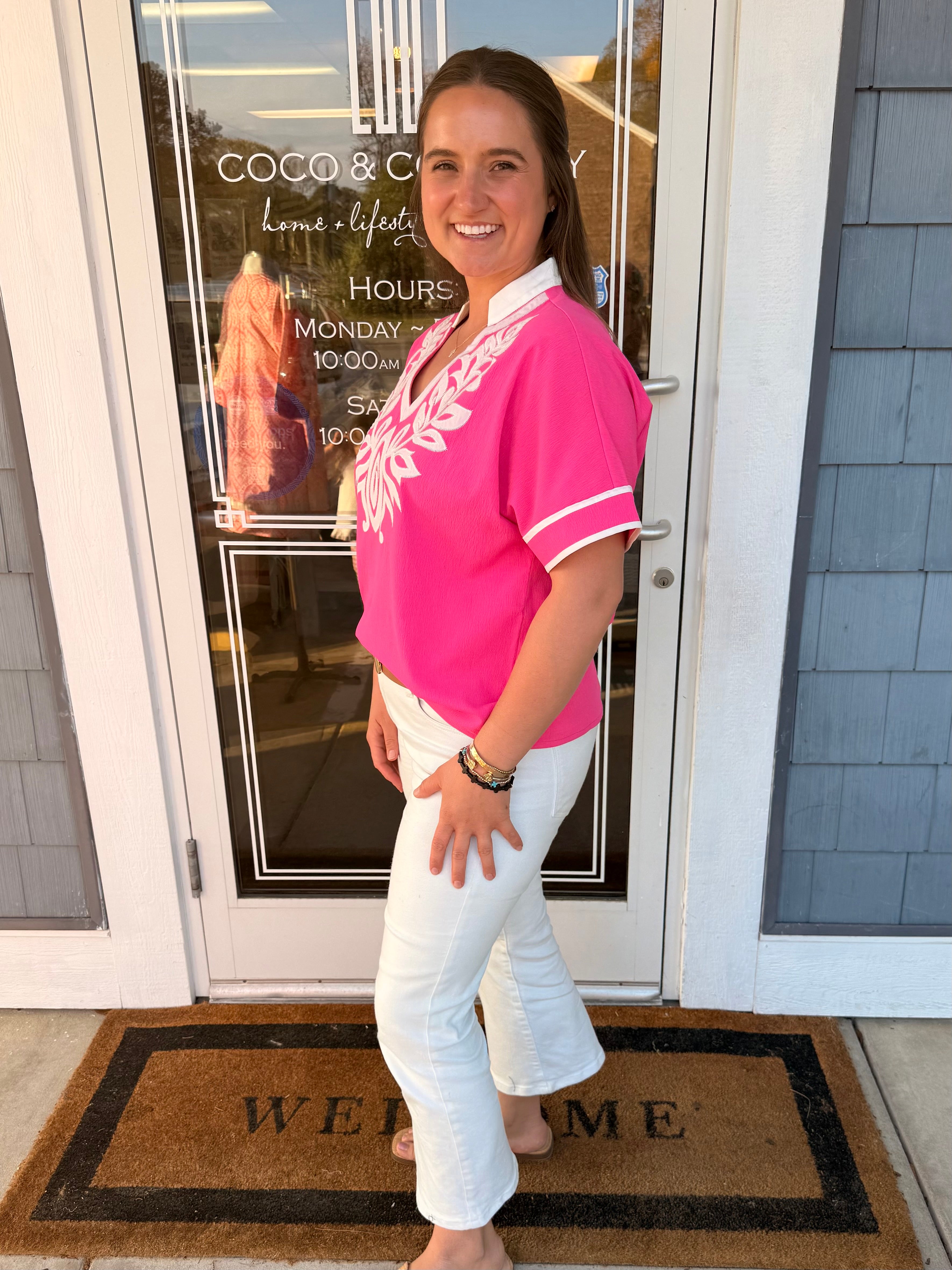 Hot Pink Baroque Appliqué Crinkle Top