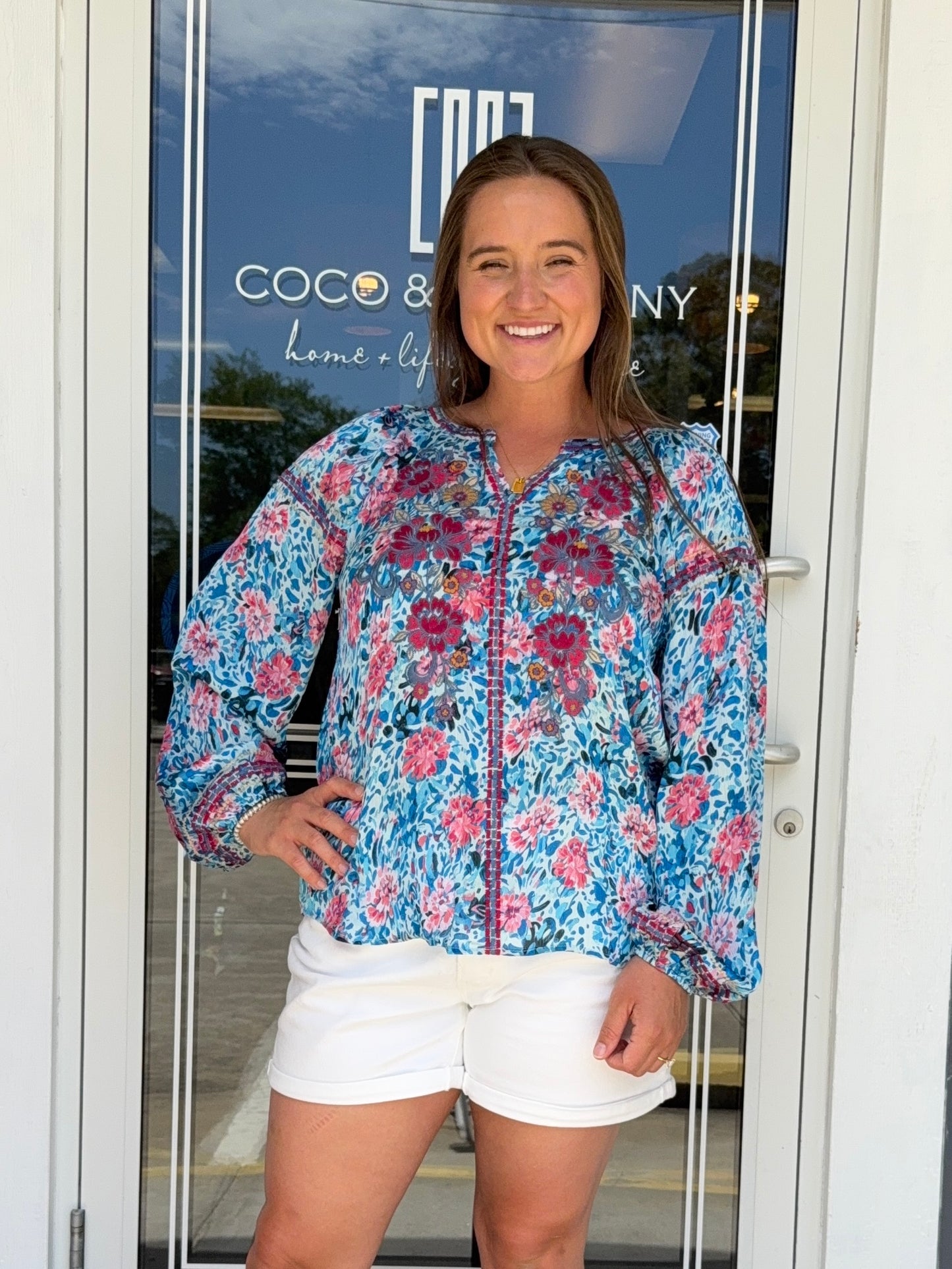 Azure Blue LS Floral Top