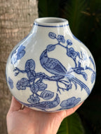 Large Round Blue & White hand Painted Vase With birds