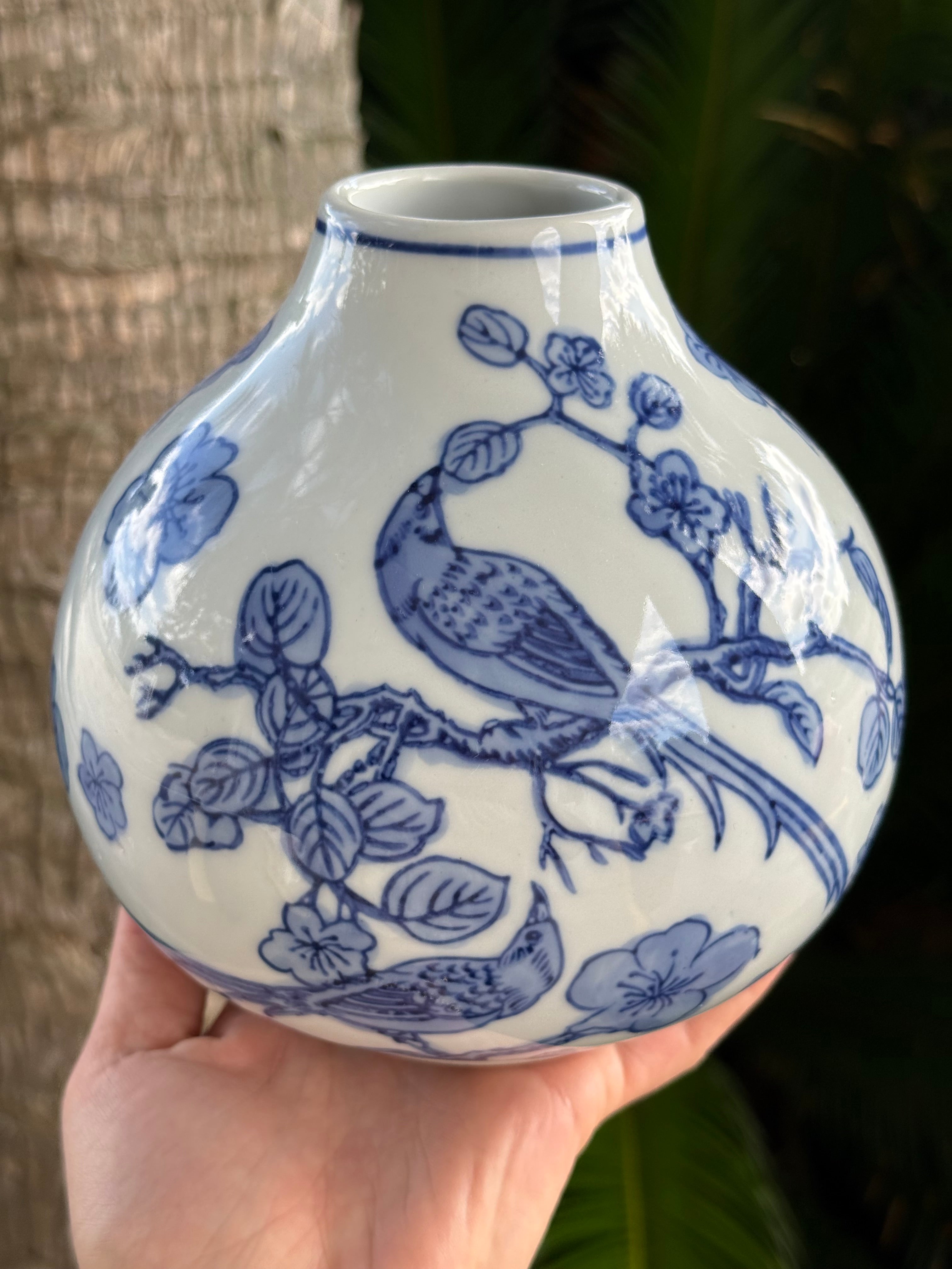 Large Round Blue & White hand Painted Vase With birds