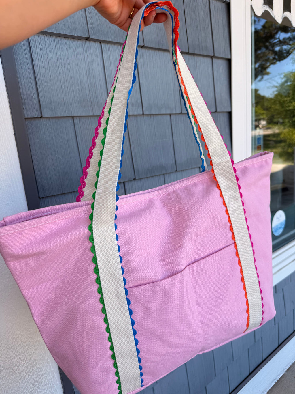 Pink Canvas Bag With Colorful Ric Rack Trim