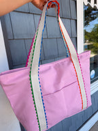 Pink Canvas Bag With Colorful Ric Rack Trim