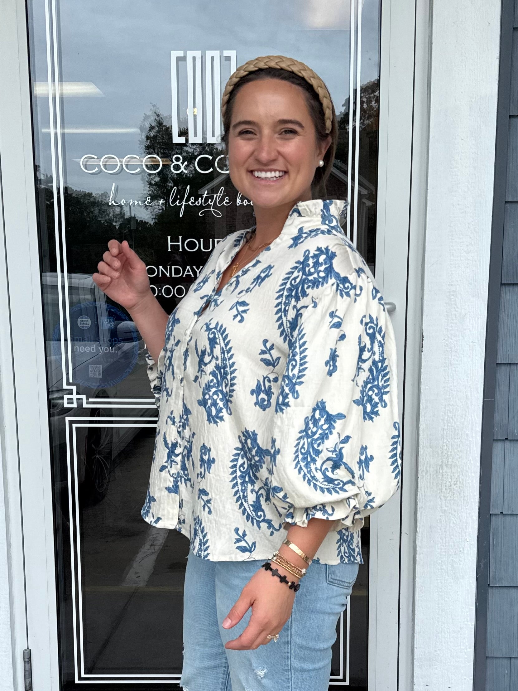 Blue Button Down 3/4 Balloon Sleeve Top