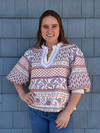 Sand Multi Bubble Sleeve V-neck Top