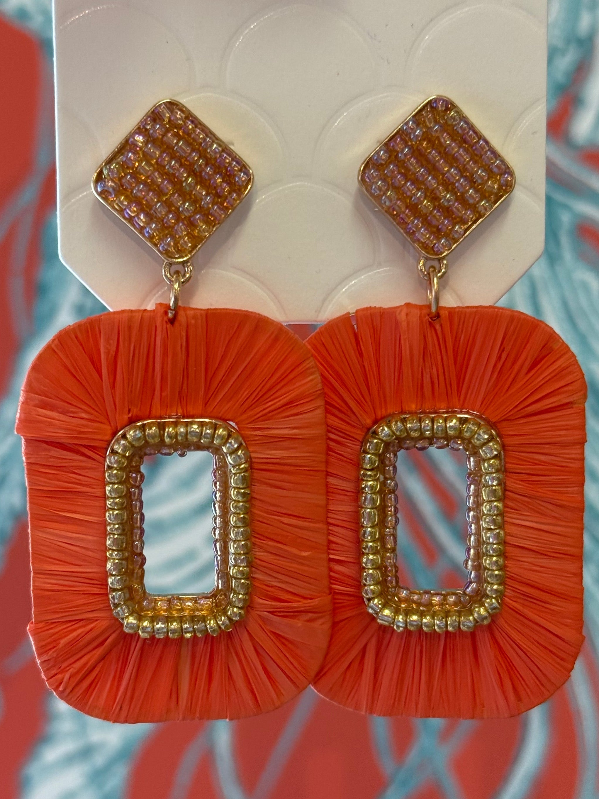 Coral Raffia Beaded Earrings