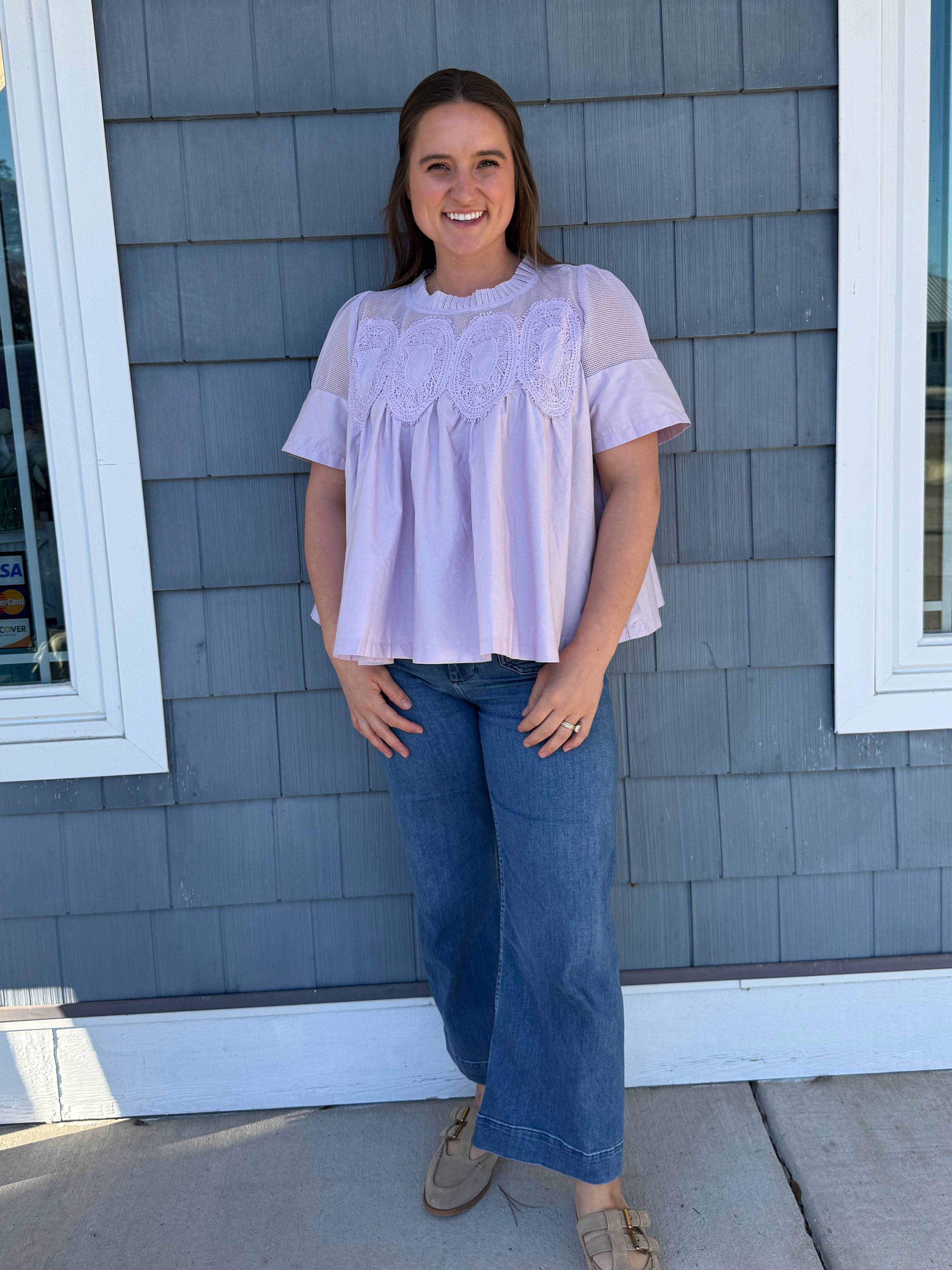 Lace Appliqué Mixed Media SS Lavender Top