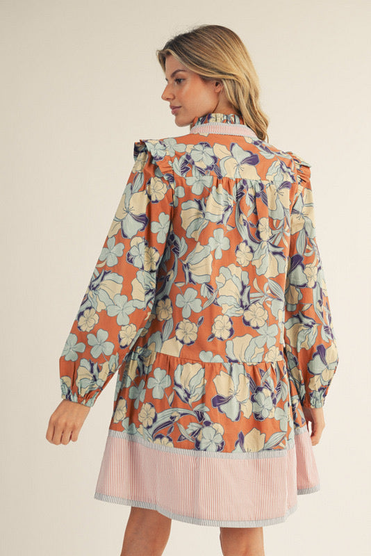 Caramel Ruffle Shoulder Floral Dress