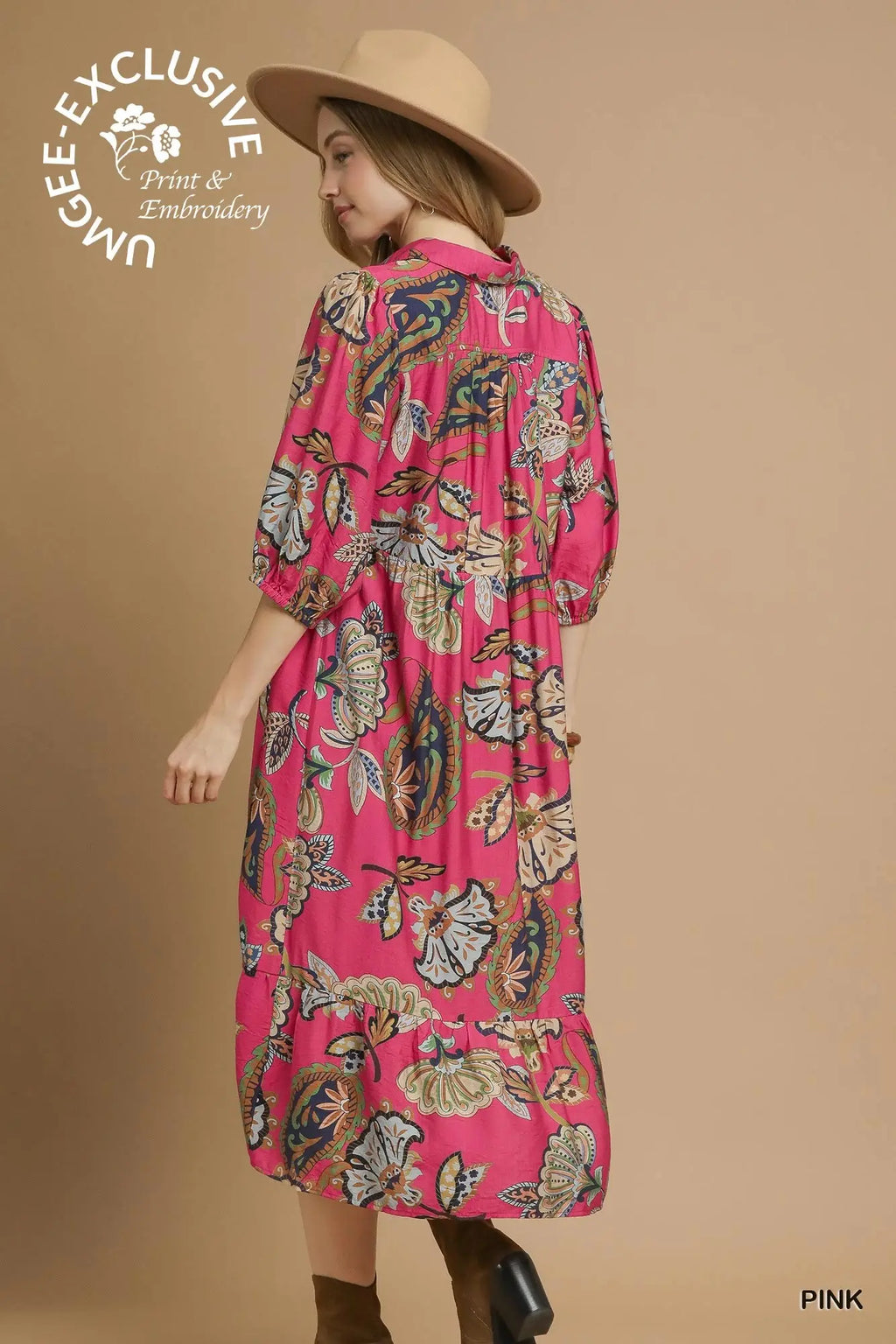 PREORDER: Pink Boho Paisley Pink Midi Dress