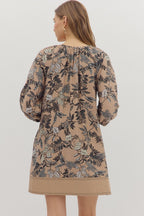 Taupe Botanical Print Contrast Dress SHIPS OR PICKUP 10/10/25
