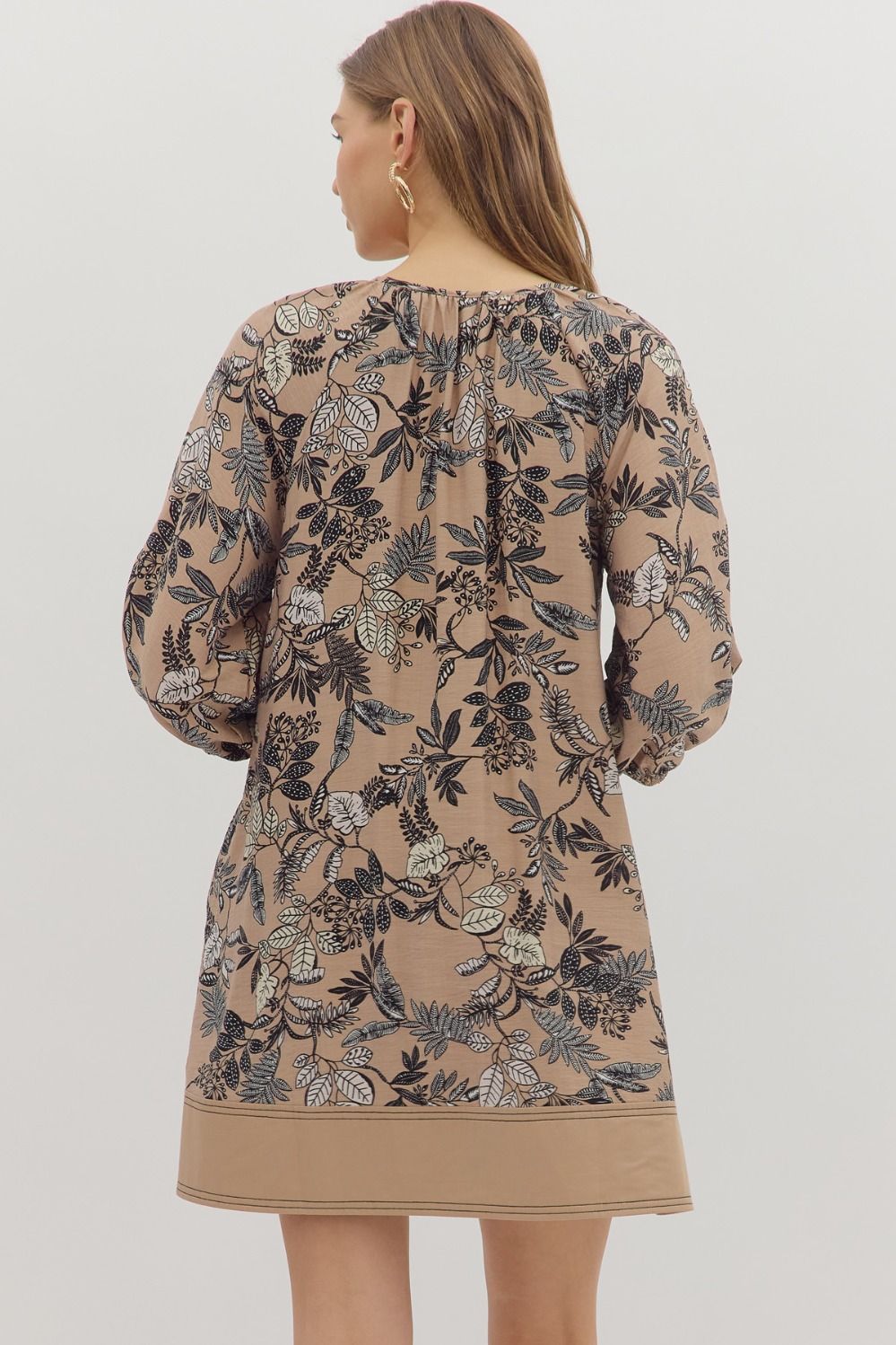Taupe Botanical Print Contrast Dress SHIPS OR PICKUP 10/10/25
