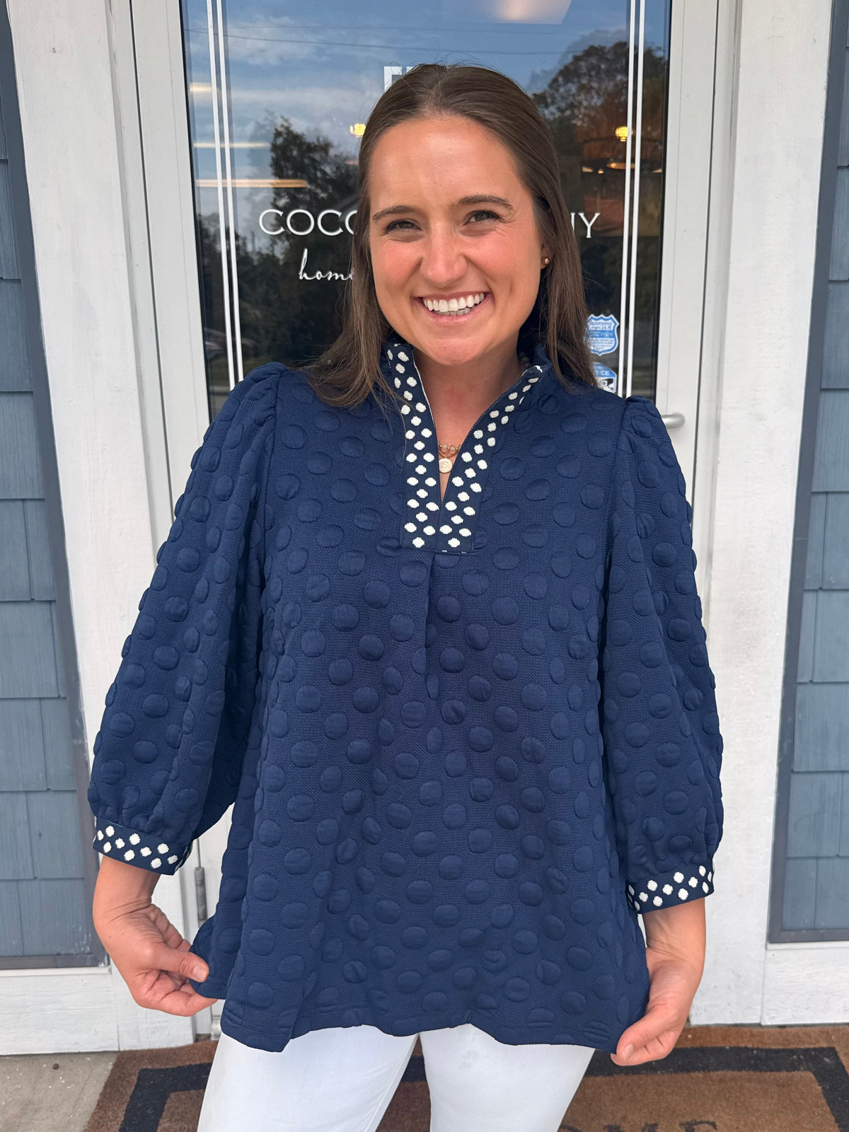 Navy Jacquard Polka Dot Contrast Trim Top